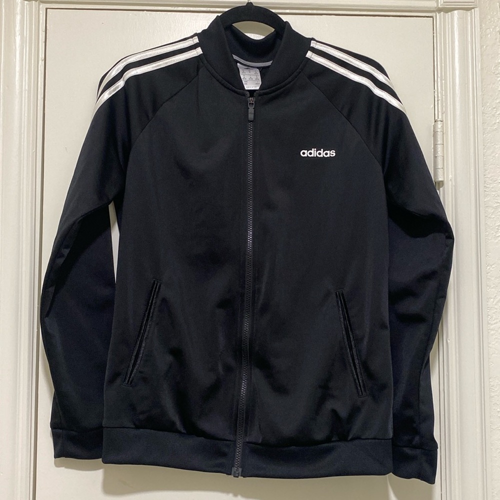 Adidas Sporty Black Zip Up Light Weight Jacket with White Stripes on the…